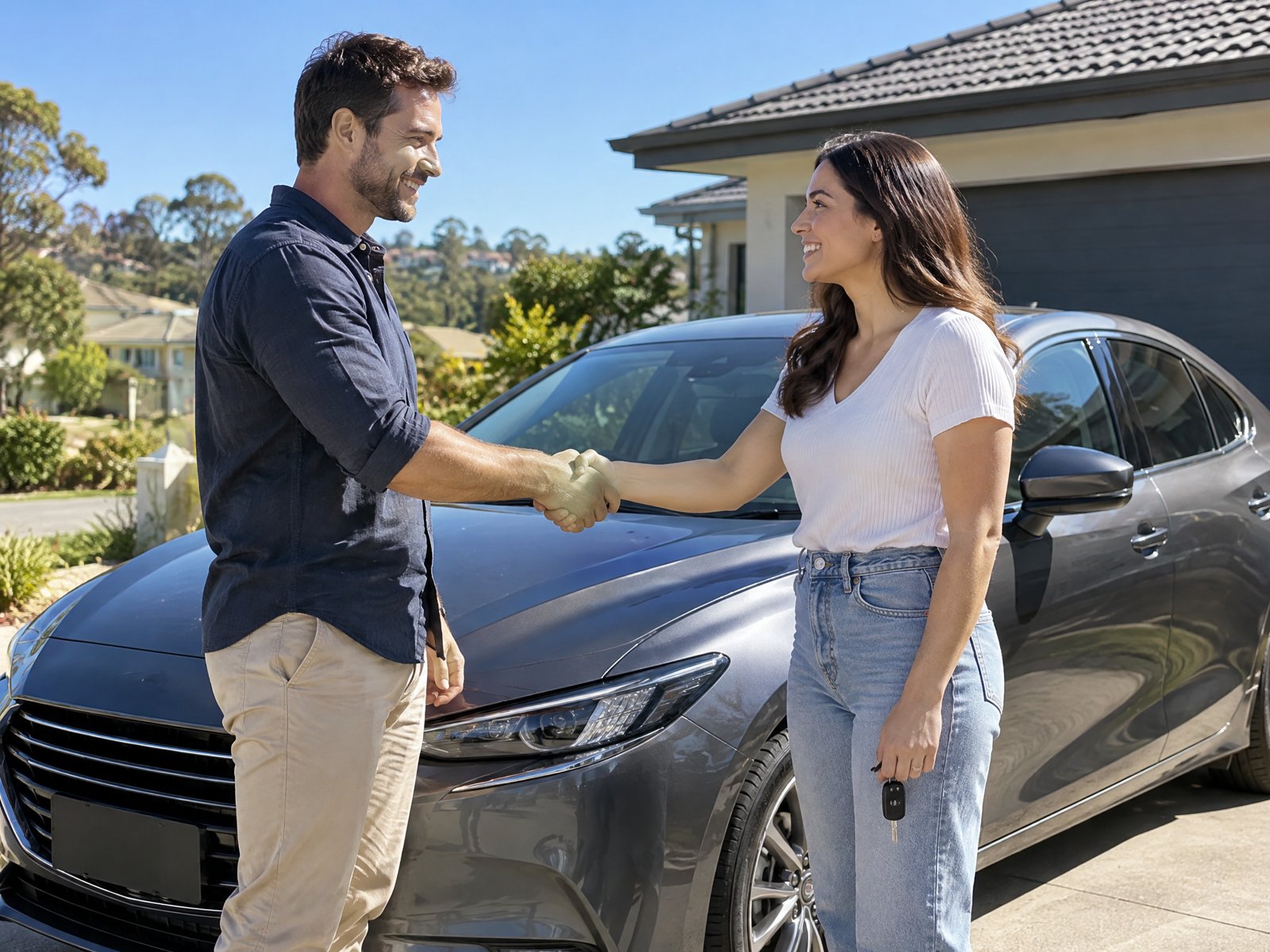 Buyer and seller shaking hands beside a car after a verified private sale