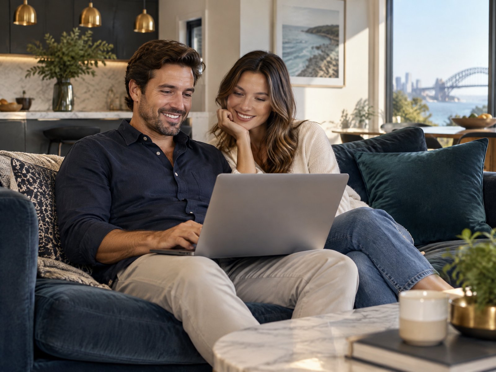 Couple relaxing at home while completing a secure bank transfer on a laptop