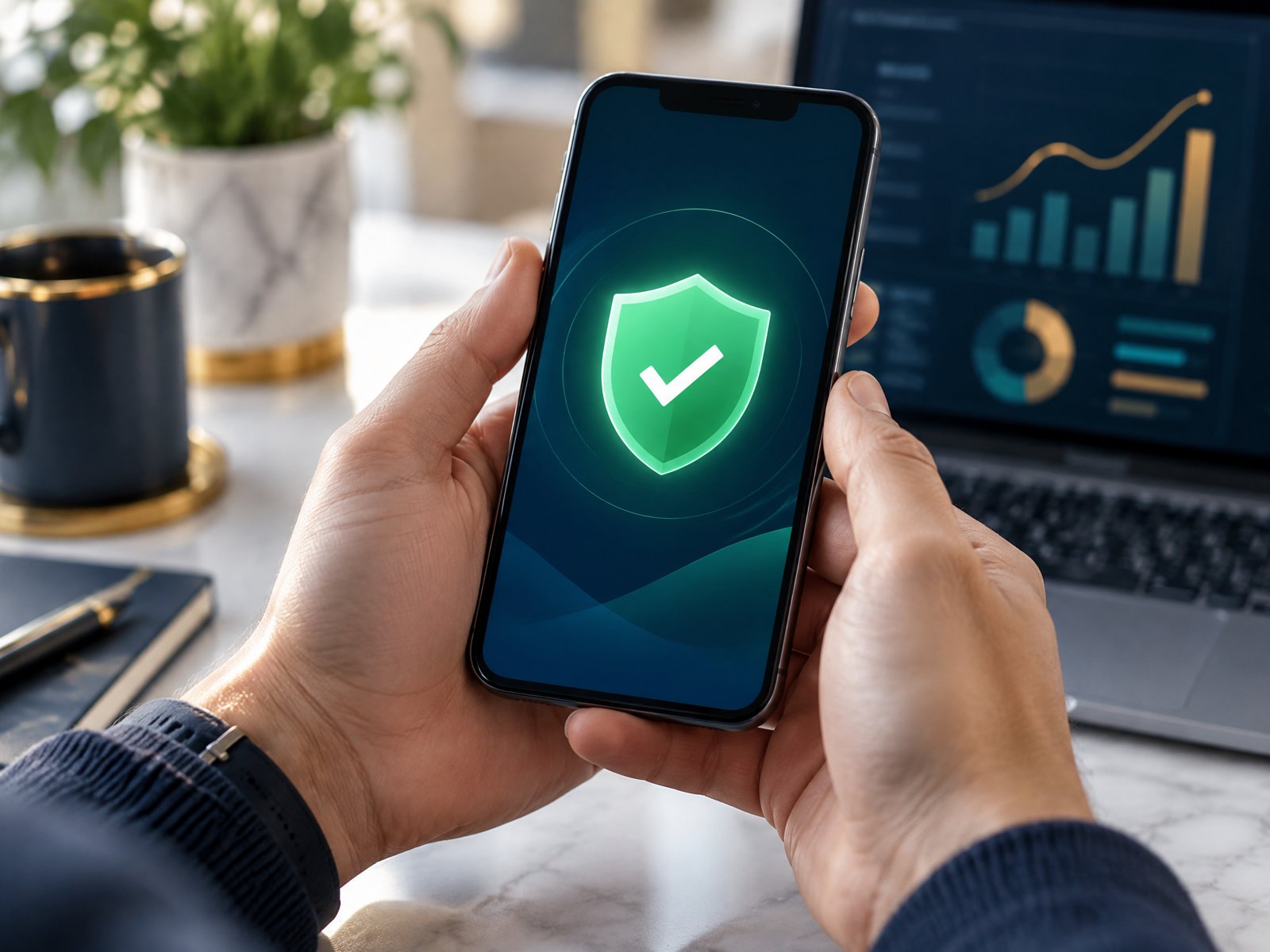 Person holding a smartphone showing a verified shield confirmation